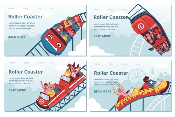 Roller coaster flat set with isolated landing pages clickable links text and people taking amusement rides vector illustration
