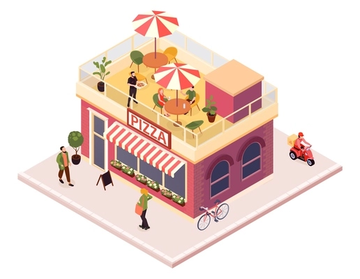 Isometric pizza composition with isolated view of pizza parlor with roof terrace eating clients and waiter vector illustration