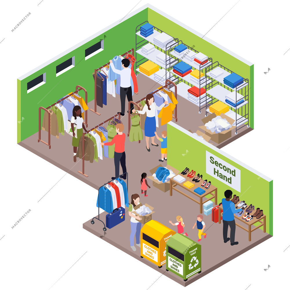 Sustainable clothes slow fashion isometric composition with isolated view of second hand store with garments shoes vector illustration