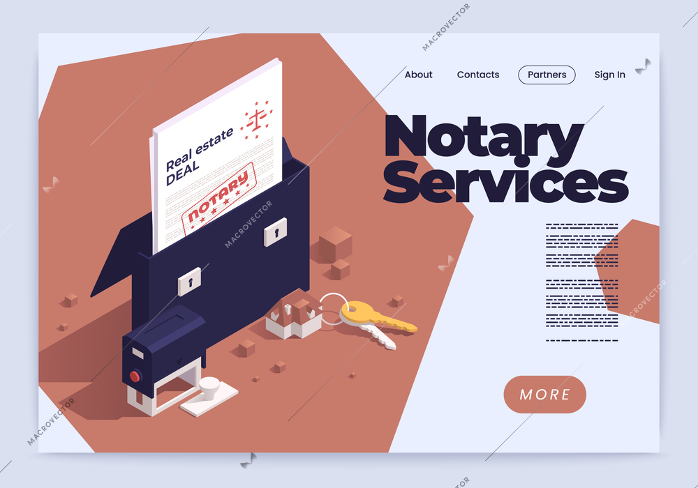 Horizontal notary services landing page isometric banner or landing page with links descriptions and more button vector illustration