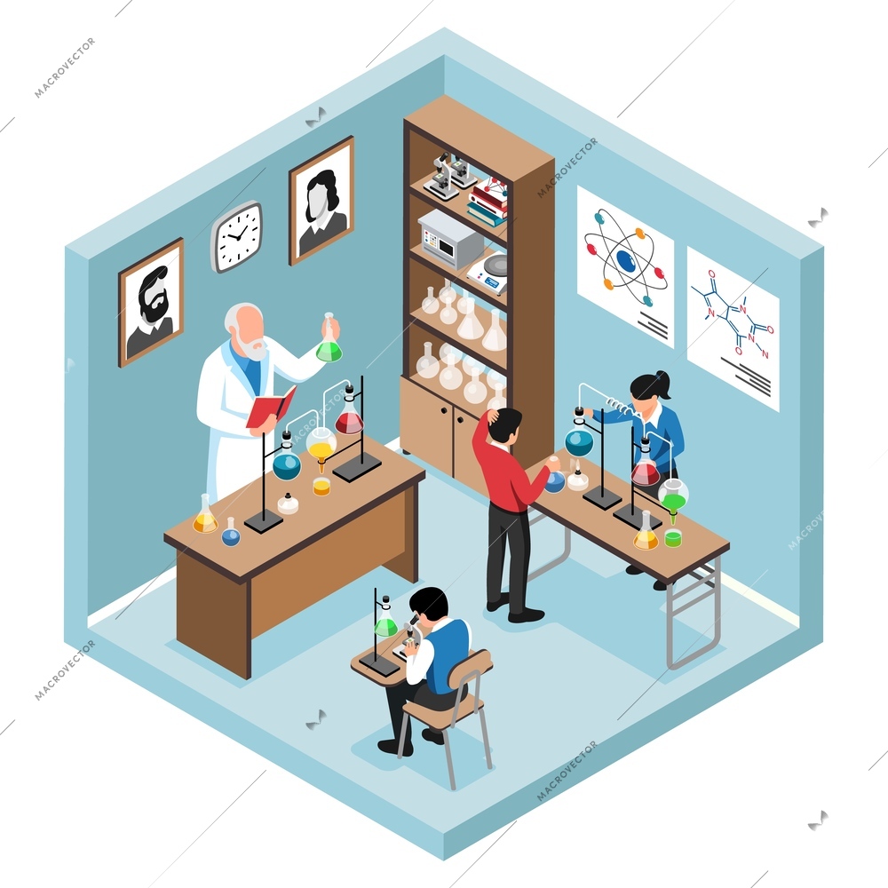 Chemistry classroom interior isometric object with teacher and pupils conducting experiments isolated on white background vector illustration