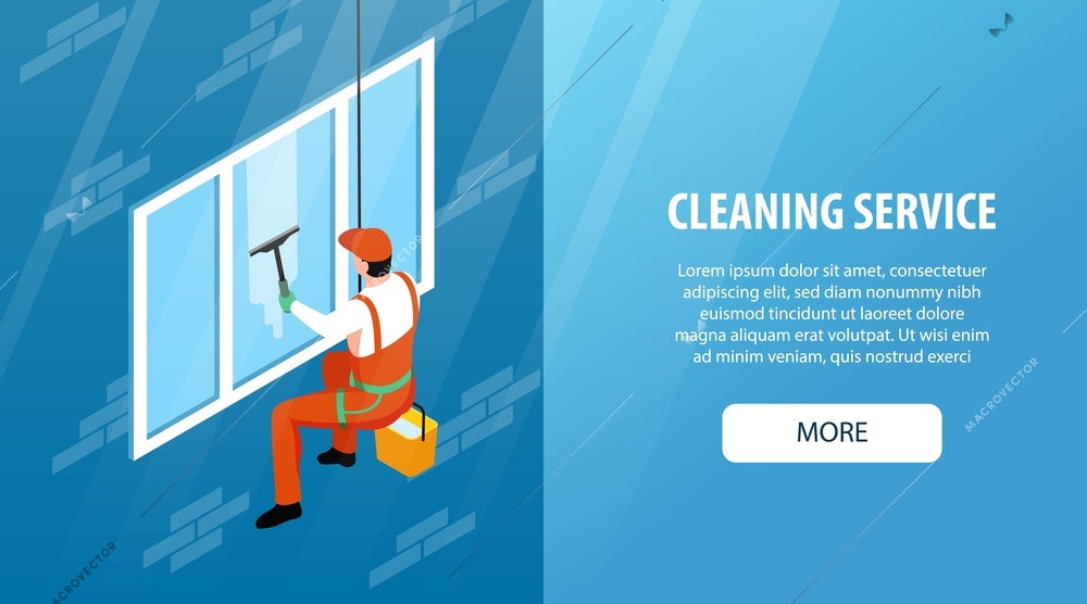 Cleaning service horizontal banner advertising company engaged in industrial mountaineering and washing windows outside isometric vector illustration