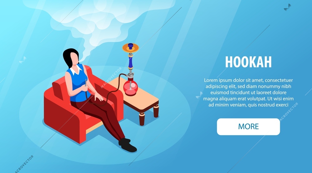 Hookah horizontal advertising banner with young woman sitting in armchair and smoking hookah isometric vector illustration