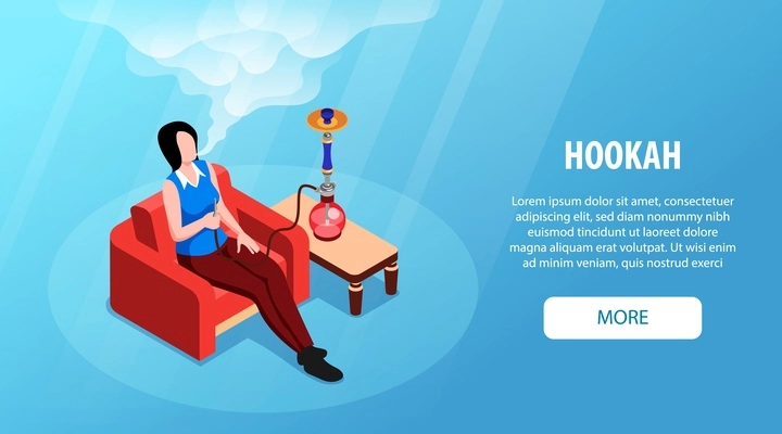 Hookah horizontal advertising banner with young woman sitting in armchair and smoking hookah isometric vector illustration