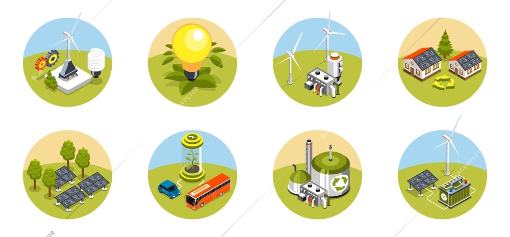 Green energy isolated round compositions with alternative energy sources bio fuel plants and electric cars isometric vector illustration