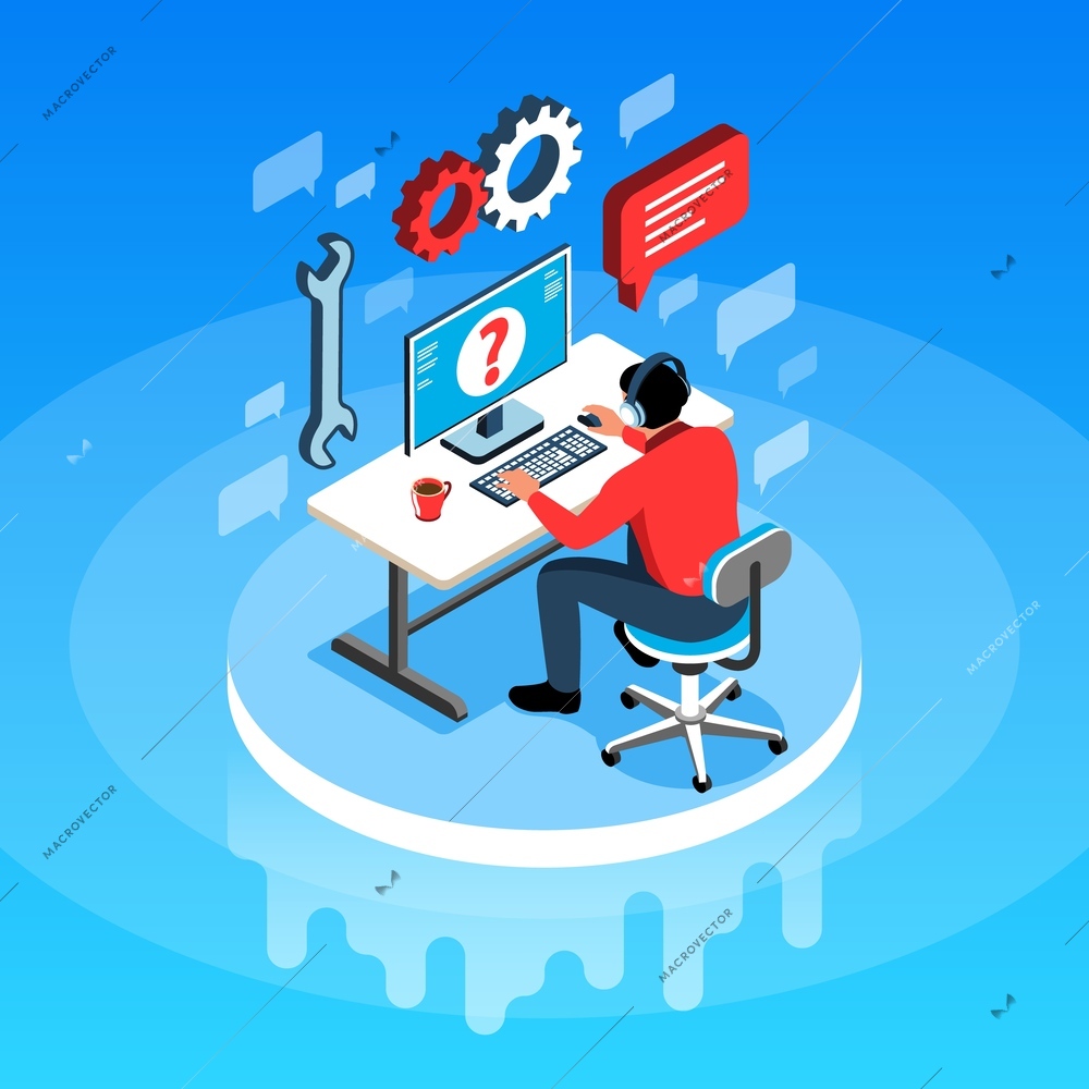 Online technical support isometric background with male hotline operator in headset answering customer questions on internet vector illustration