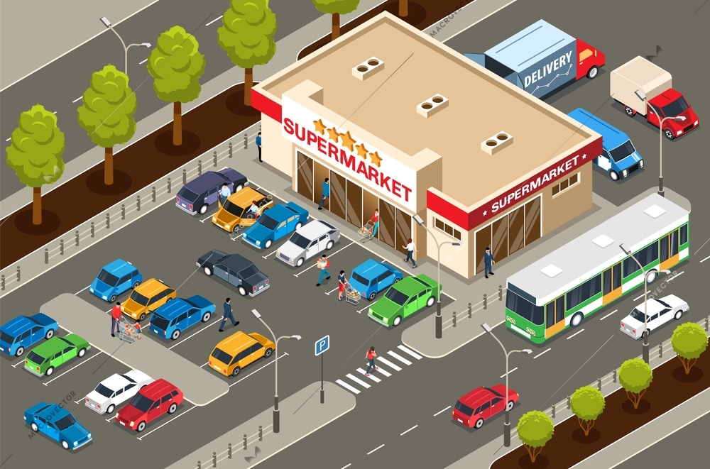 Supermarket outdoor isometric background with buyers leaving shop building with purchases to parking place 3d vector illustration