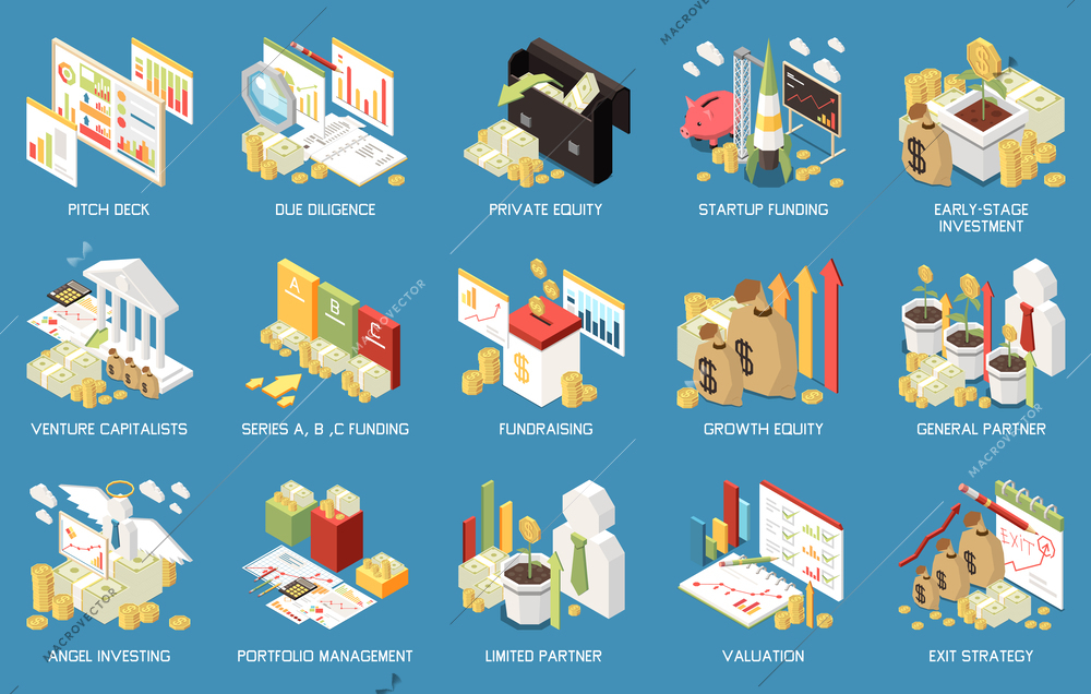 Venture capital isometric set of isolated compositions with icons of money means investing graphs and charts vector illustration