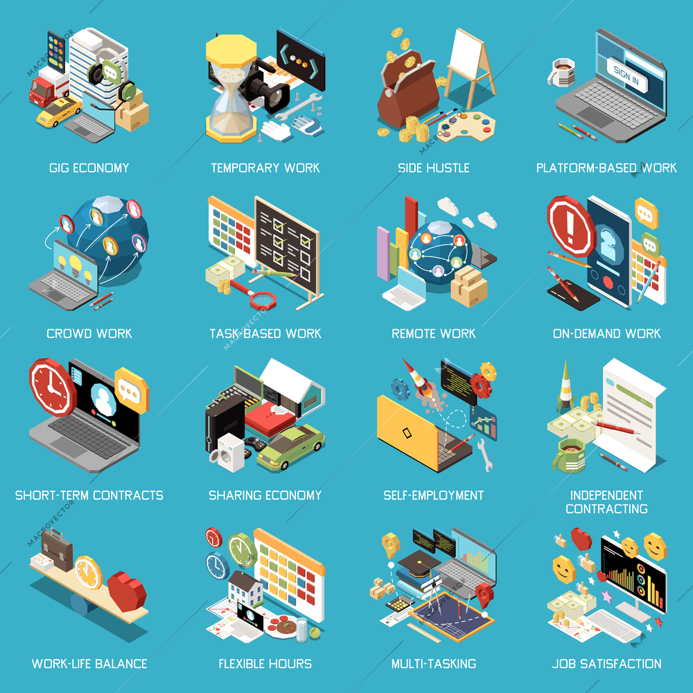 Gig economy isometric set with isolated compositions of work images with computers gears time management icons vector illustration