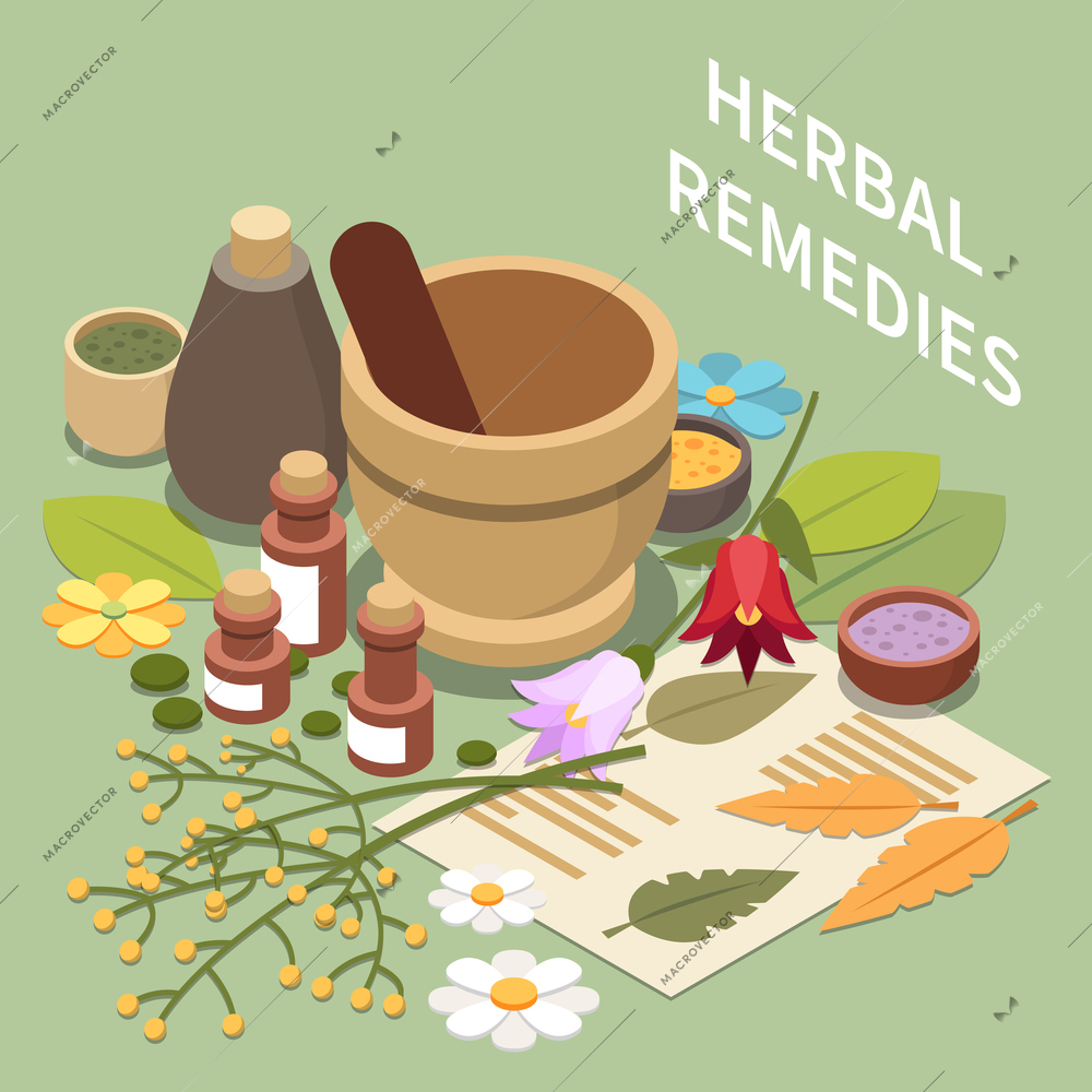 Alternative medicine isometric composition with images of vials flower buds leaves with pounder and editable text vector illustration