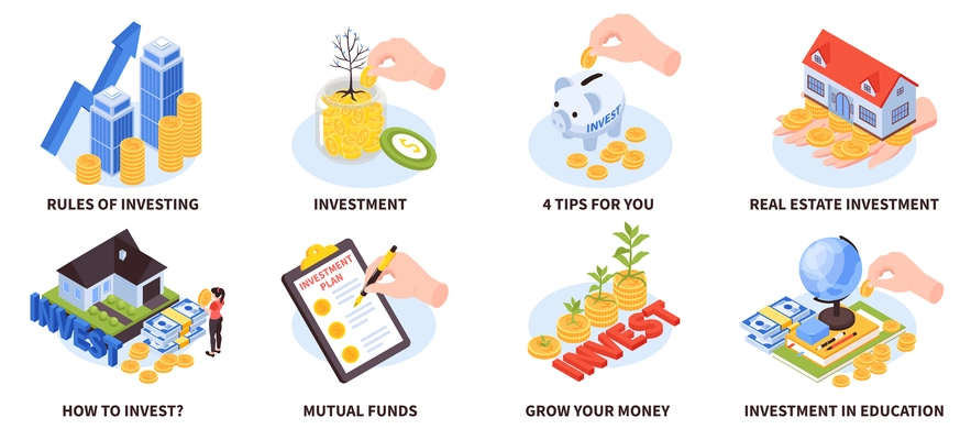 Set with isometric investment compositions with conceptual icons of money growing mutual funds with text captions vector illustration