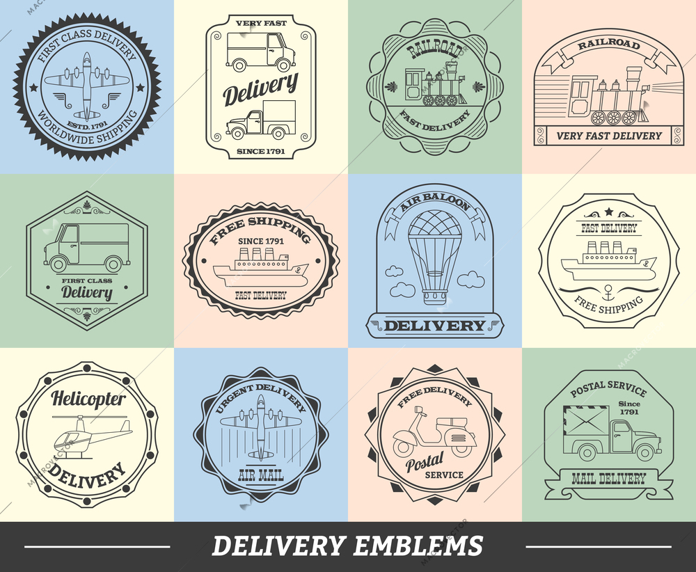 Delivery emblems commercial transportation and shipping stickers set isolated vector illustration