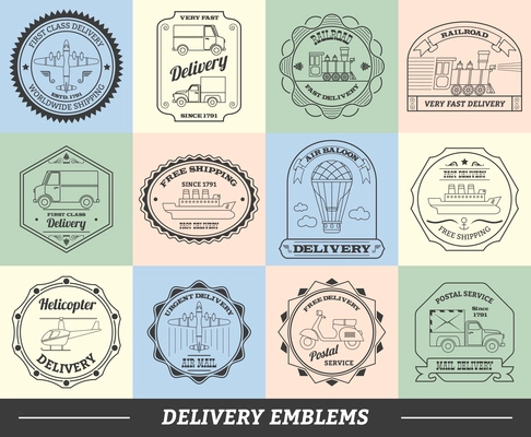 Delivery emblems commercial transportation and shipping stickers set isolated vector illustration