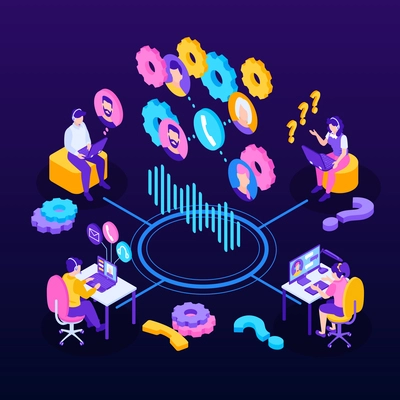 Isometric technical support composition of isolated tech icons with pictograms voice message waveforms and connection circle vector illustration