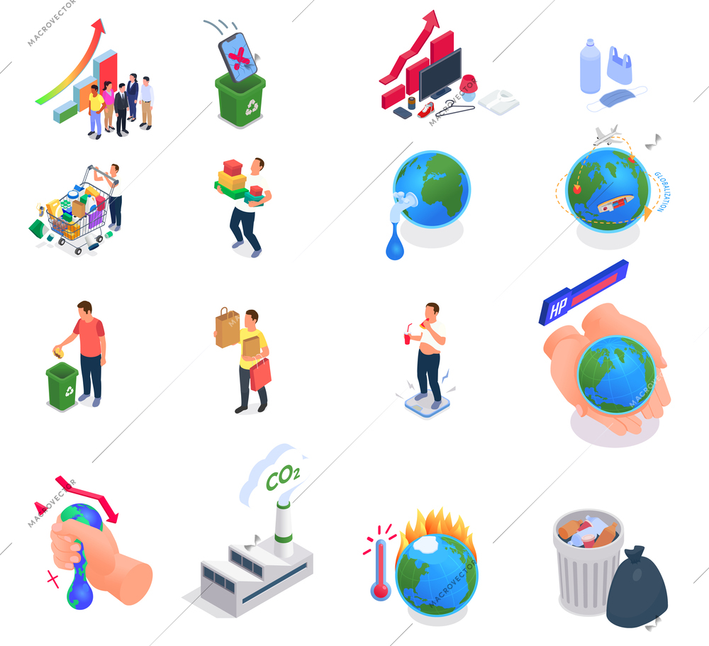 Consumerism isometric icons set with food overconsumption symbols isolated vector illustration