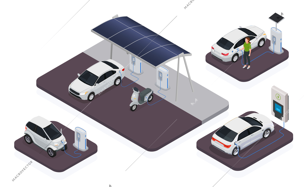 Electromobile transport station isometric icons set with electric cars charging isolated vector illustration