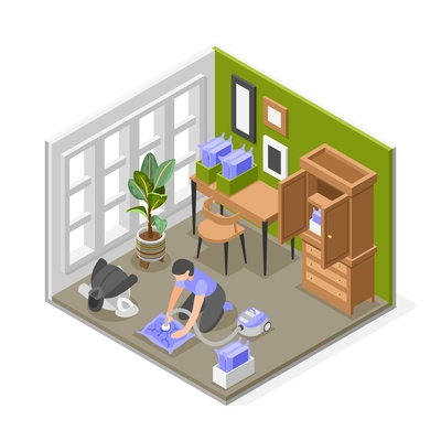 Spring wardrobe composition with woman packing away winter outwear in vacuum bags isometric vector illustration