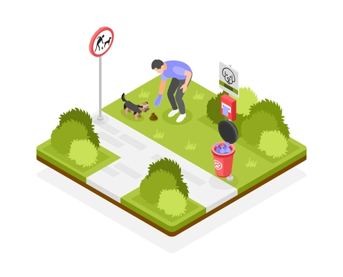 People clean up after dogs isometric concept with man picking up poop on lawn 3d vector illustration