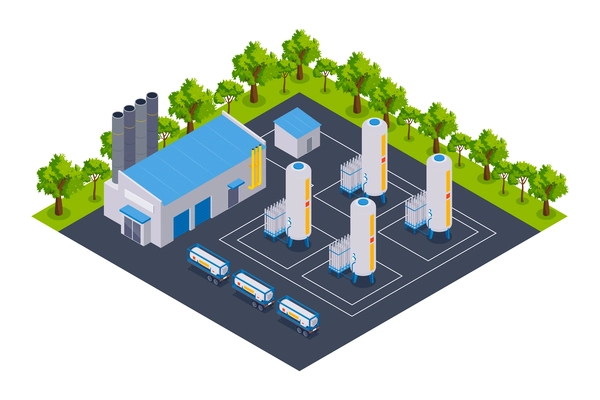 Isometric compressed gas composition with isolated view of outdoor area with vertical tanks and industrial building vector illustration