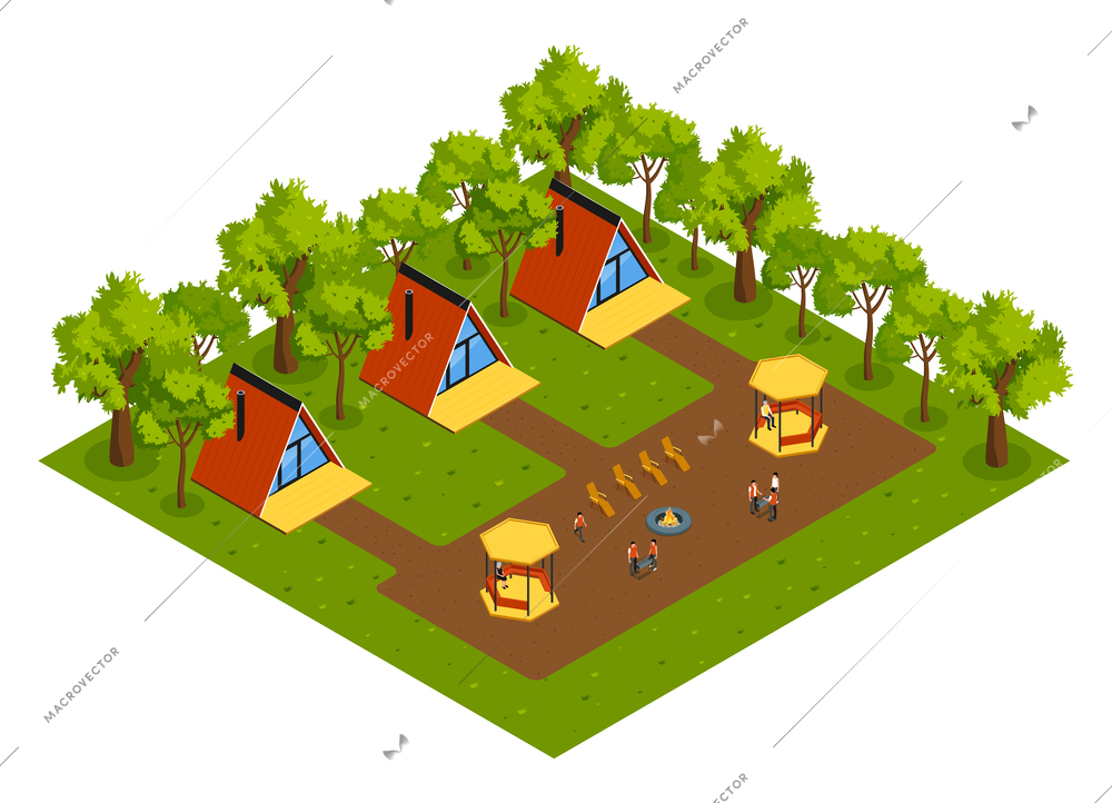 Isometric glamping composition with isolated view of outdoor area with triangle shaped eco houses and yard vector illustration