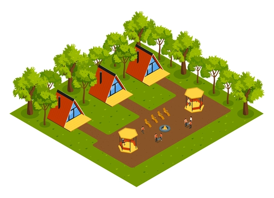 Isometric glamping composition with isolated view of outdoor area with triangle shaped eco houses and yard vector illustration