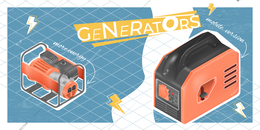 Electric generator realistic composition with collage of icons editable text captions arrows and power device images vector illustration