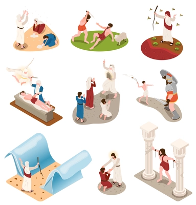 Bible story set with religion symbols isometric isolated vector illustration