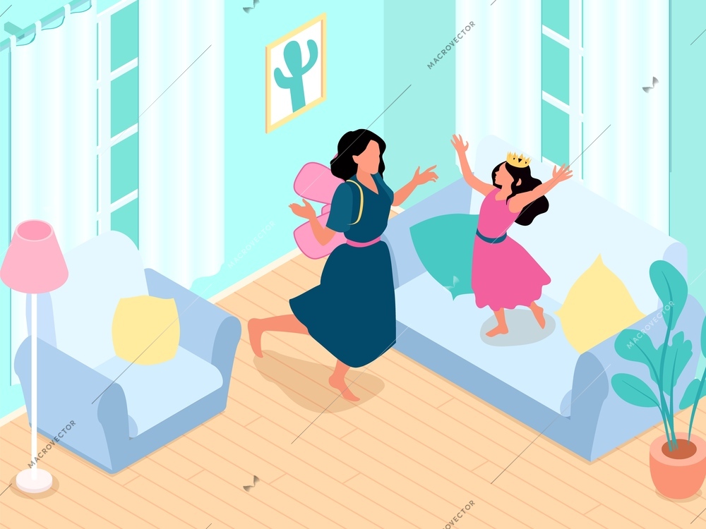 Isometric concept of motherhood with mother and little daughter wearing costumes of fairy tale characters and dancing together vector illustration