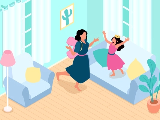 Isometric concept of motherhood with mother and little daughter wearing costumes of fairy tale characters and dancing together vector illustration