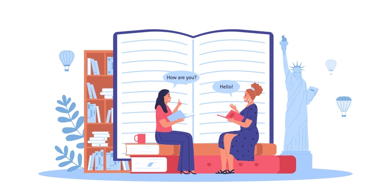 Language course flat composition with women speaking in front of open book vector illustration