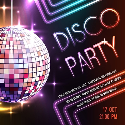 Disco dance party poster with glass ball decoration vector illustration