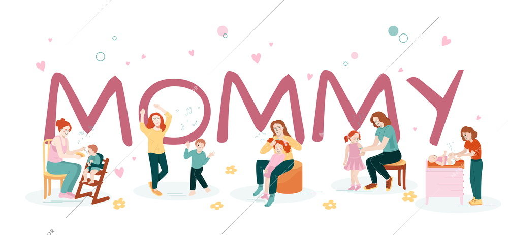 Babysitter flat background composition with text and small characters of women and babies with love icons vector illustration