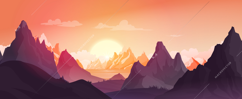 Mountains landscape during sunset background with lake sunlit and dark peaks flat vector illustration
