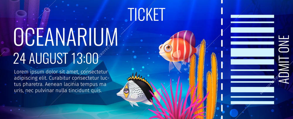 Oceanarium ticket template with colorful cartoon fishes and coral reefs vector illustration