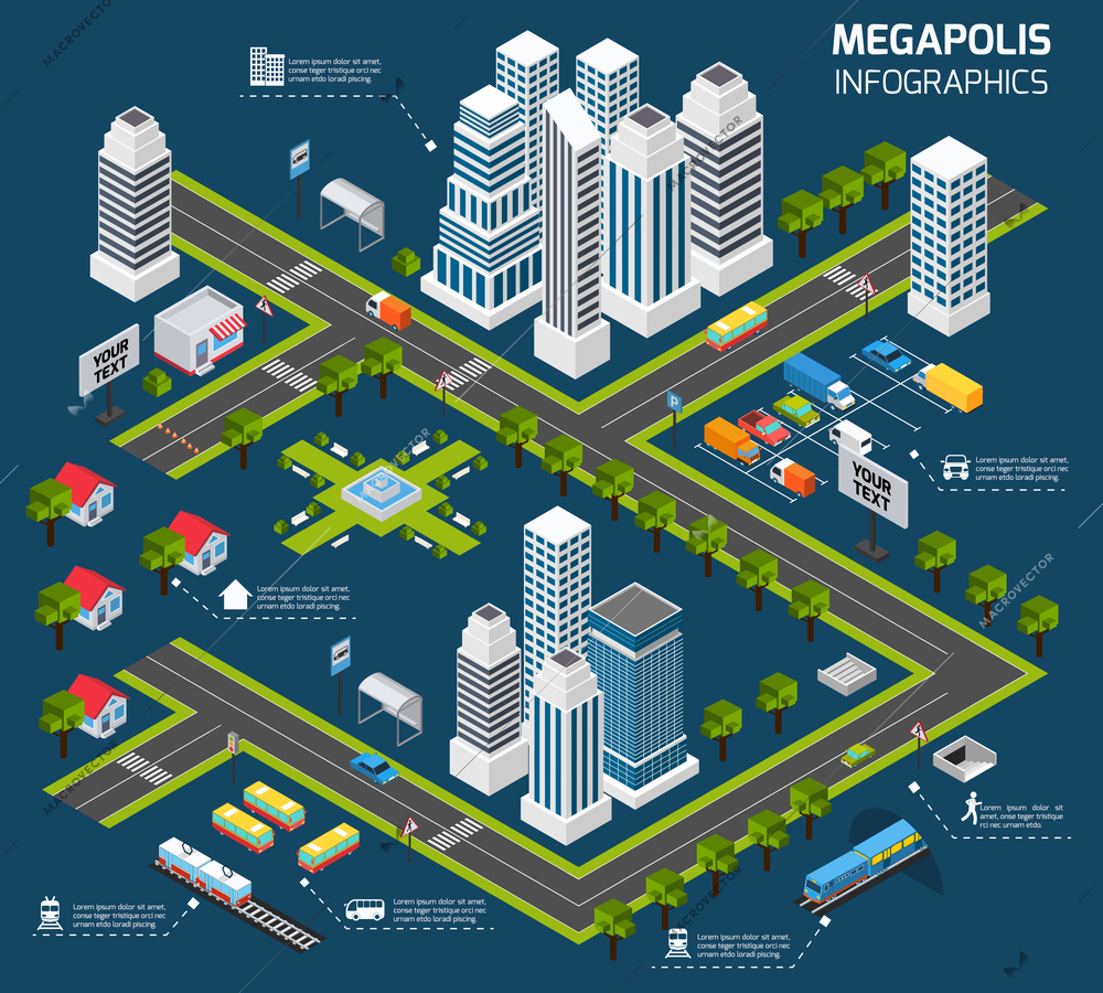 Isometric city concept with 3d skyscraper office buildings and street transport vector illustration