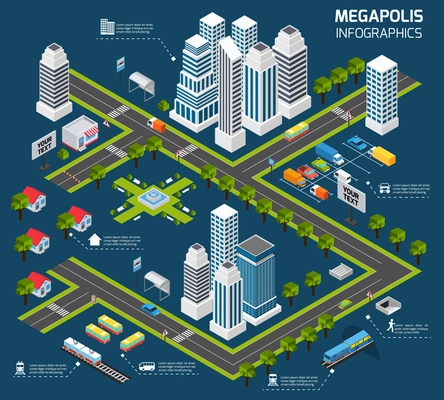 Isometric city concept with 3d skyscraper office buildings and street transport vector illustration