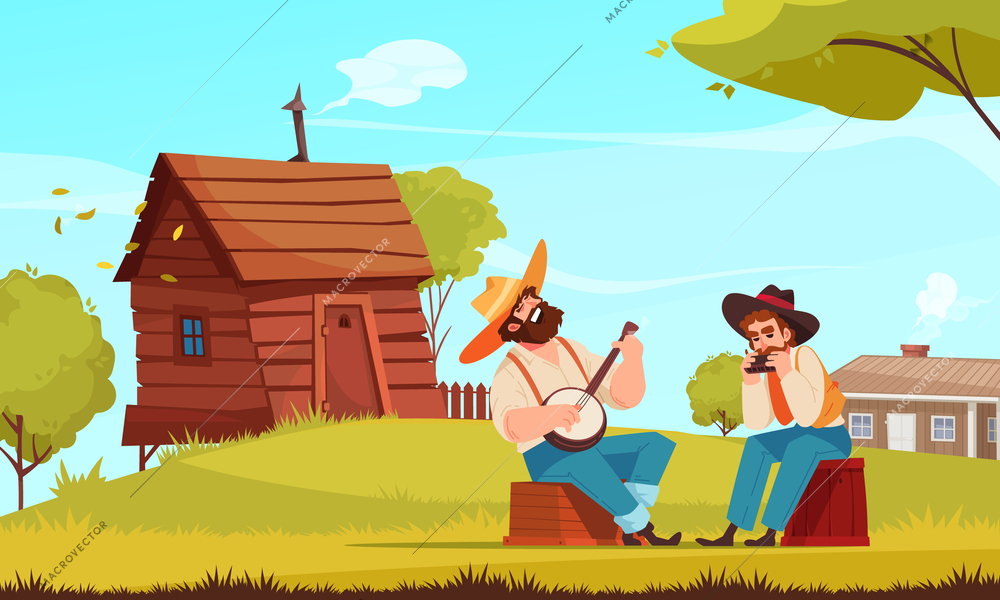 Flat folklore music two men with beards and hats play guitar and harmonica composition vector illustration