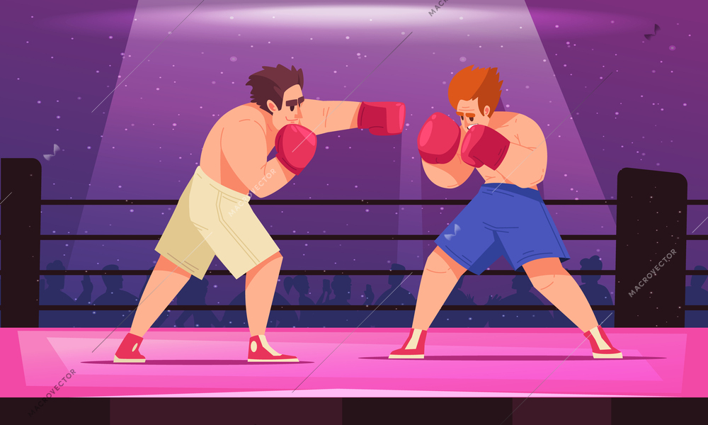 Colored boxing concept two fighters fight against each other in the ring vector illustration