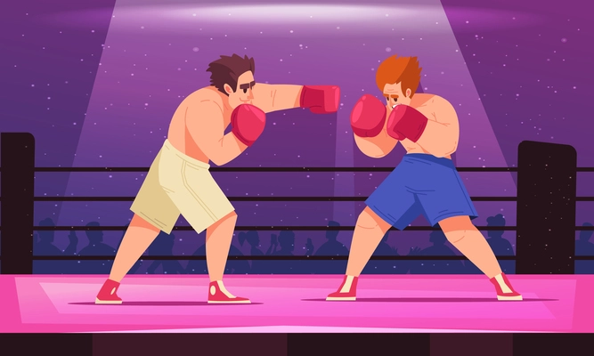 Colored boxing concept two fighters fight against each other in the ring vector illustration