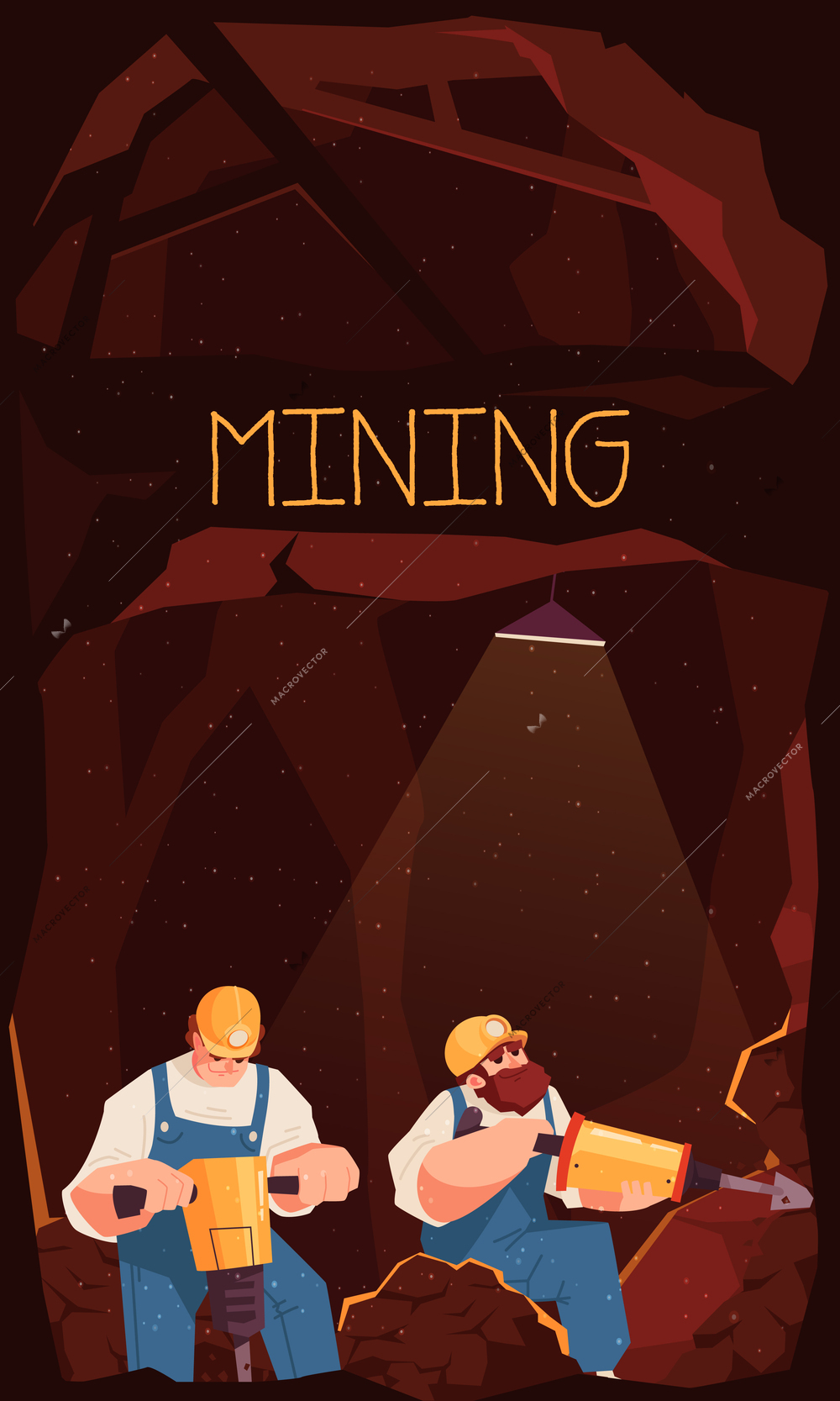 Mining colored poster with headline and two workers digging the ground for minerals vector illustration