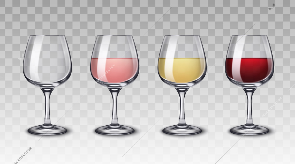 Alcohol drinks glassware set with realistic images of drinking glasses empty and filled with colorful liquid vector illustration