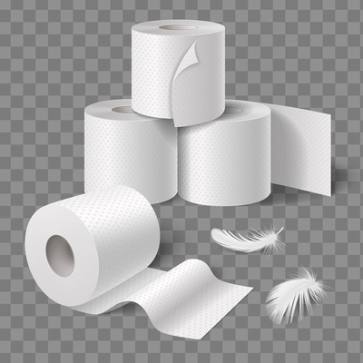 Toilet paper kitchen towels rolls realistic composition with view of bath tissue feathers on transparent background vector illustration