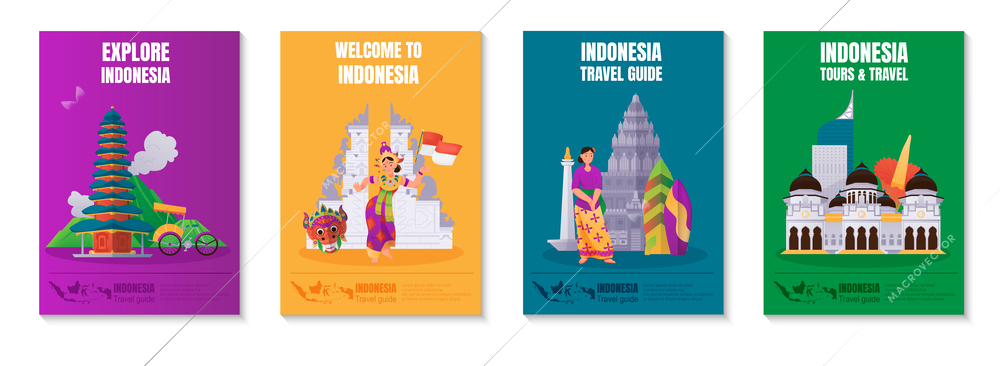 Indonesia flat poster set with travel landmarks isolated vector illustration