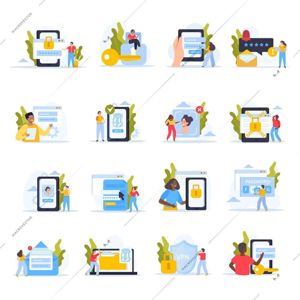 Smartphone data protection set of isolated compositions with icons of locks shields and people with gadgets vector illustration