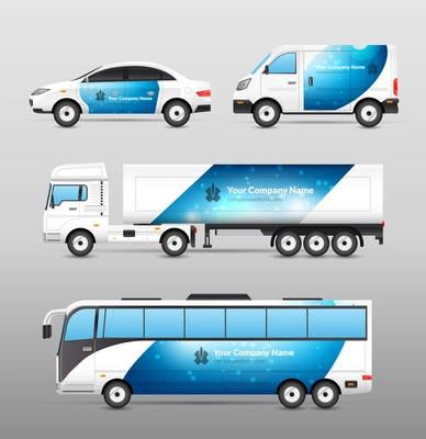 Transport advertisement design blue template decorative icons set isolated vector illustration