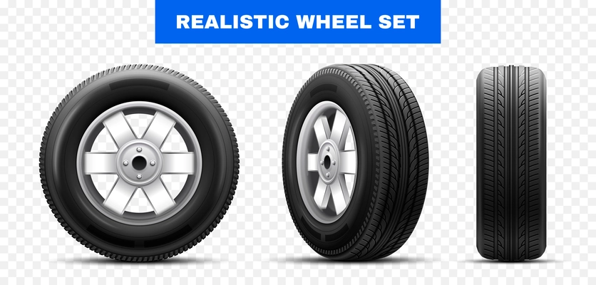 Three views of car wheel tire from different angles at transparent background realistic vector illustration