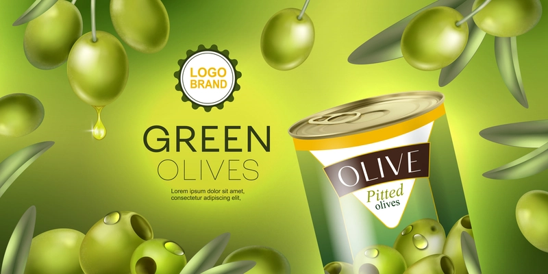 Realistic green olives poster with canned vegetables and organic branches on background vector illustration