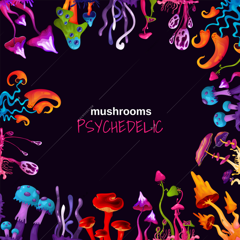 Black square background with colorful fluorescent frame consisting of psychedelic mushrooms cartoon vector illustration