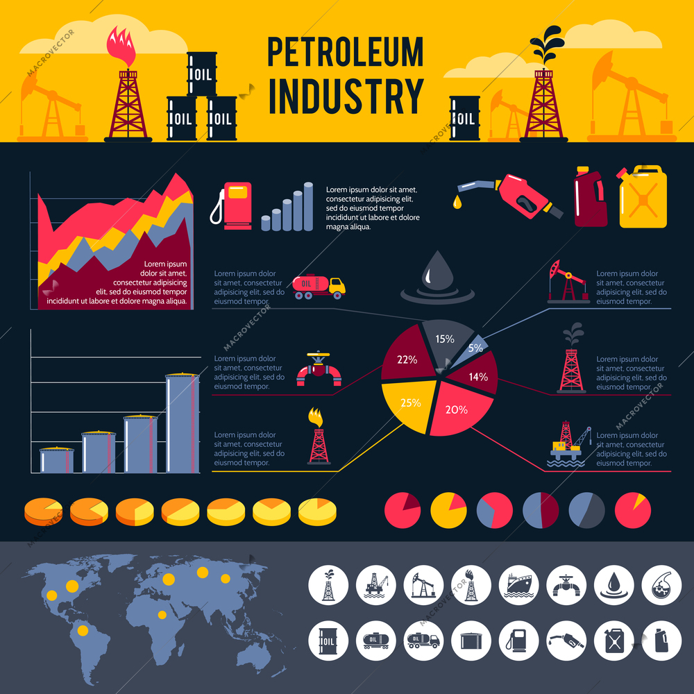 Petroleum industry infographics set with gasoline processing symbols and charts vector illustration