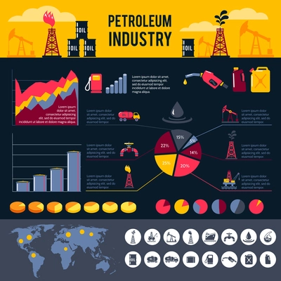 Petroleum industry infographics set with gasoline processing symbols and charts vector illustration